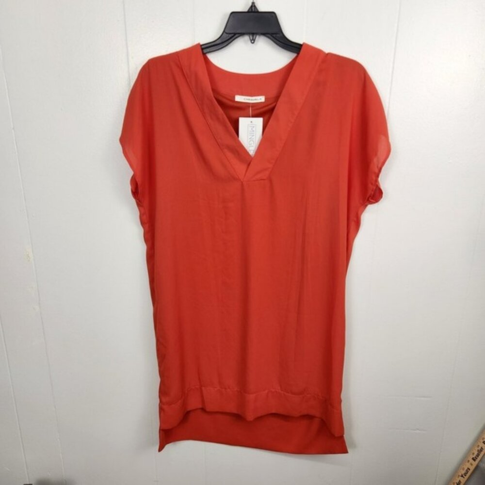 Caramela Tunic Shirt Womens Large Red V Neck Short Sleeve High Low Hem Blouse